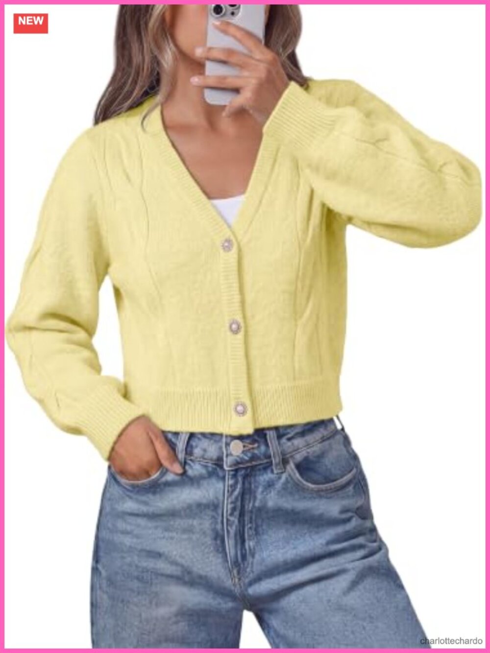 Womens Cropped Lightweight Wool Cardigan V-Neck Cable Knit